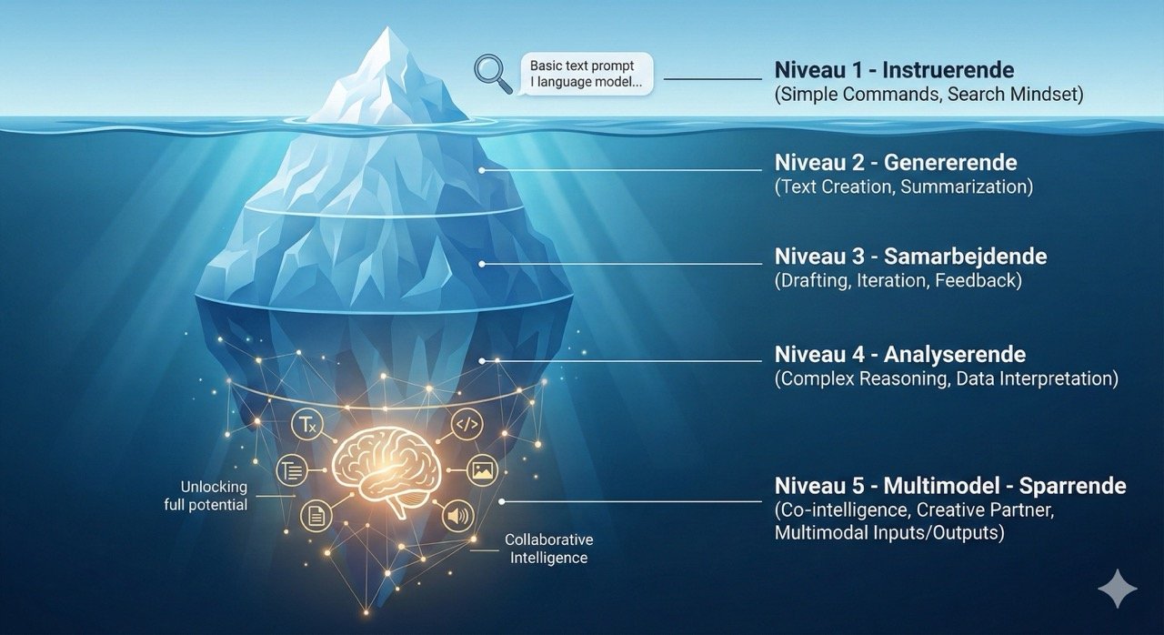 Iceberg-modellen: 5 niveauer af AI-interaktion fra simple prompts til avanceret samarbejde